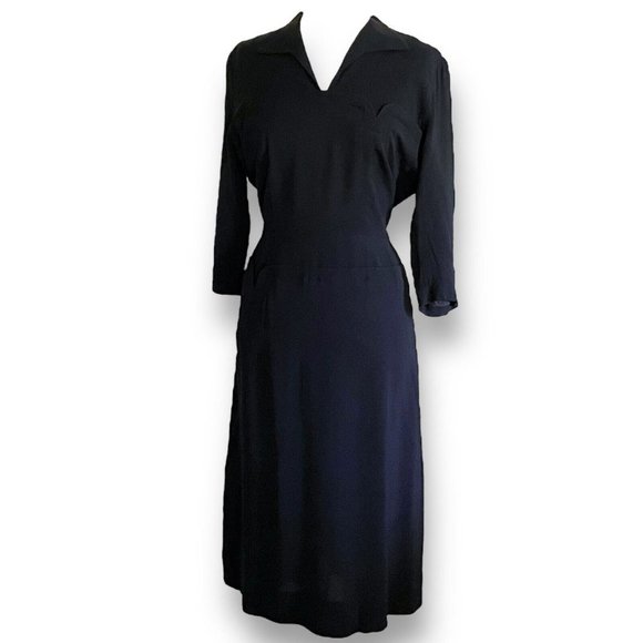 Vintage 40s Womens Dress Volup 32" Waist Black Rayon Femme Fatale Vamp Witchcore - Picture 10 of 16